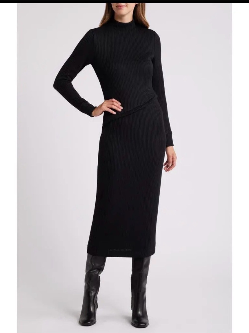 Du Paradis Valentin Long Sleeve Ribbed Knit Maxi Dress Mock Neck Black